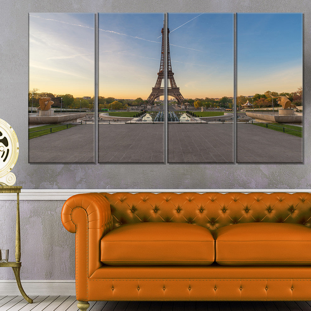 "Wide View of Paris Eiffel Tower at Sunrise" Cityscape Art, 48"x28", 4-Panels