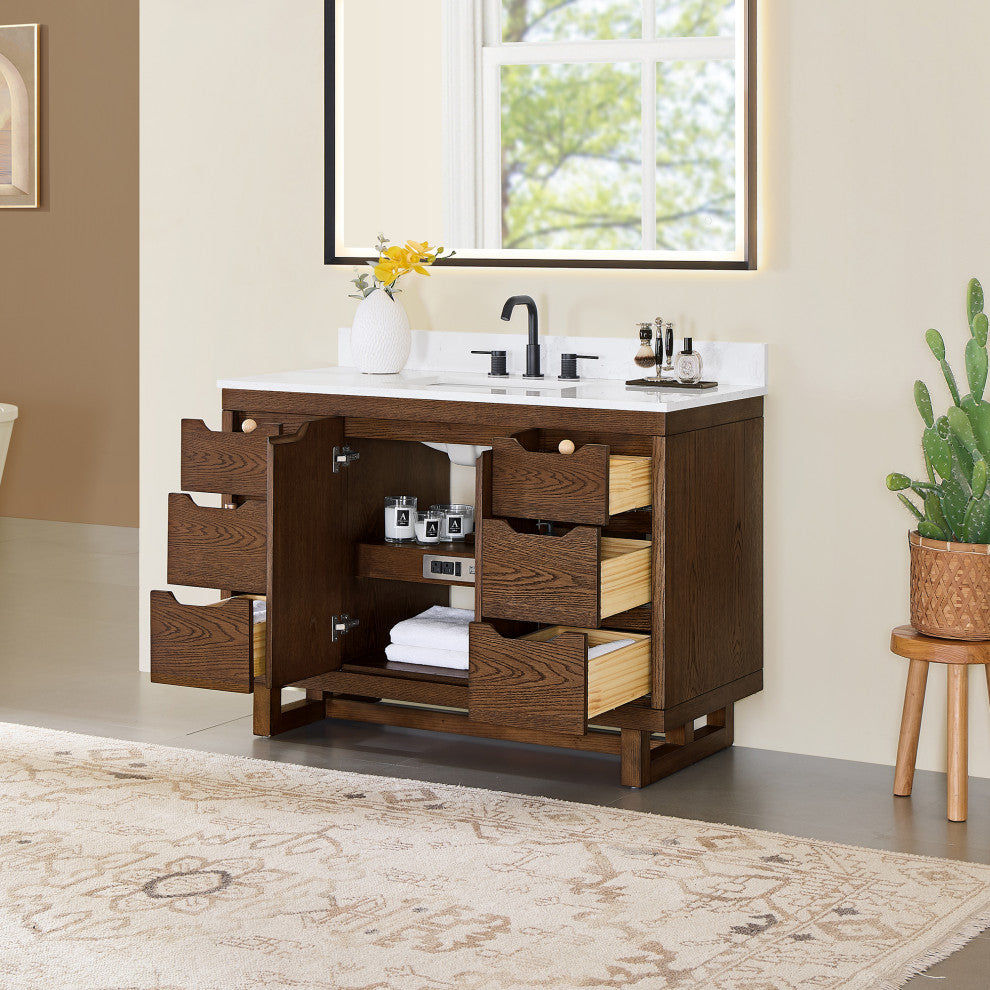 Mowry Bathroom Vanity, Brown Brushed Oak, 48", No Mirror