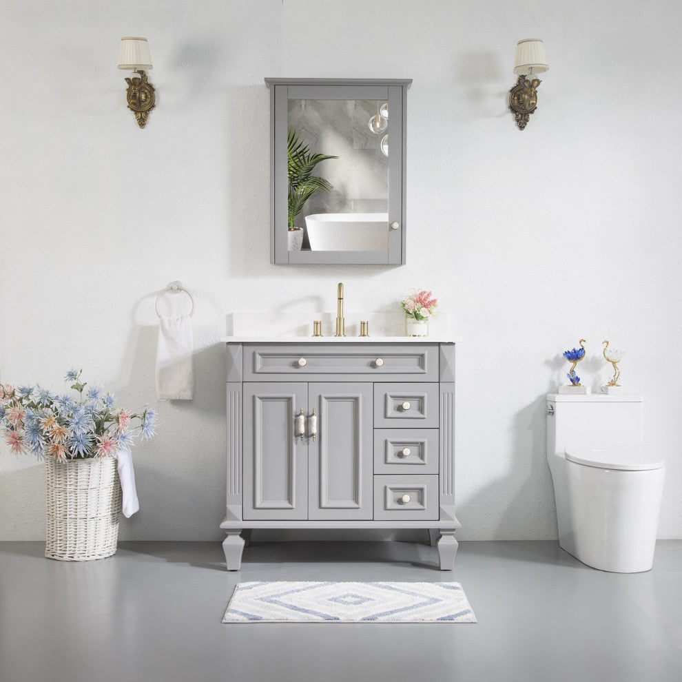 Solid Wood Bathroom Vanity with Quartz Top and cUPC Certified Sink, Titainum Grey, 36 Inch
