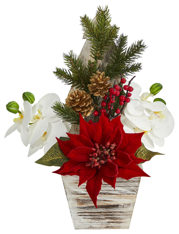 15" Poinsettia and Orchid Artificial Arrangement, Christmas Tree Vase