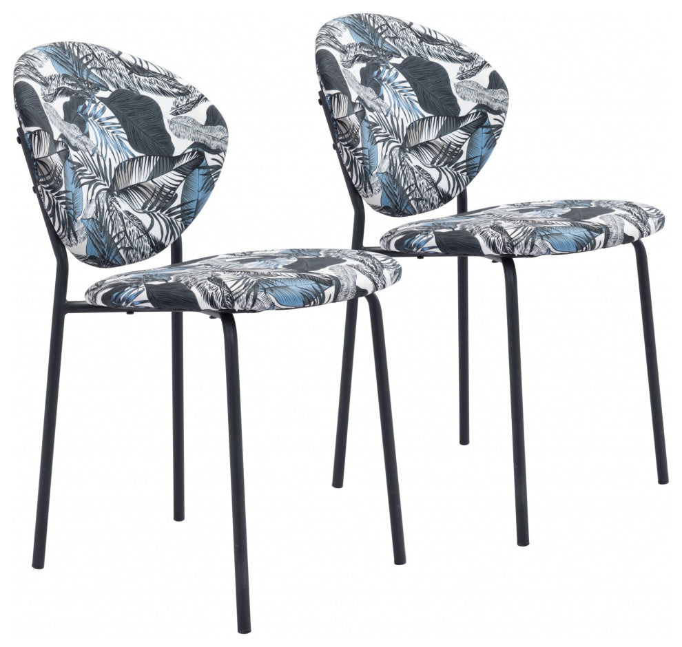 Set of Two Blue Black and White Tropical Design Dining or Side Chairs