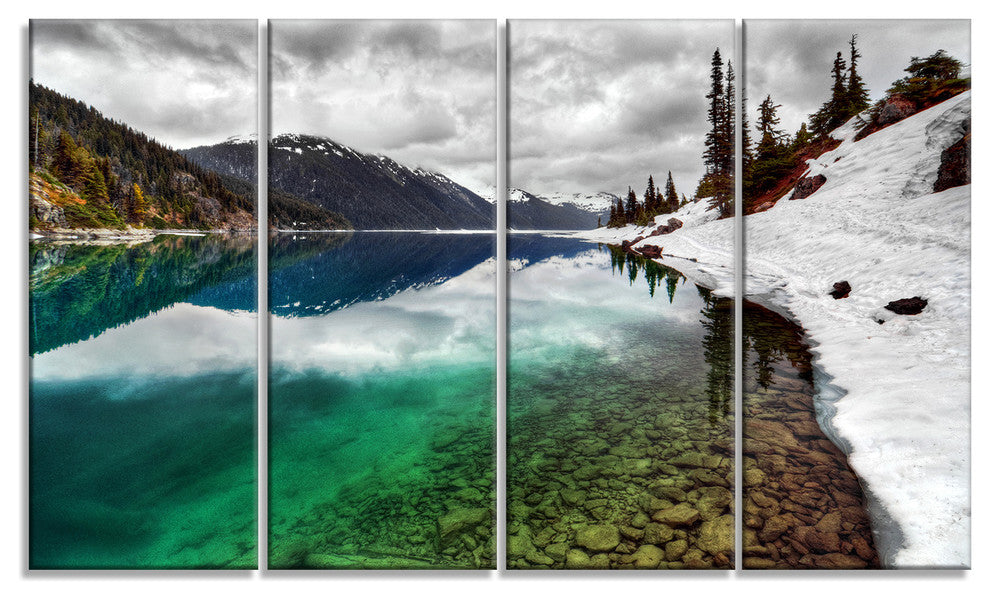 Clear Lake Pine Trees and Mountains, Landscape Canvas Print, 48"x28", 4 Panels