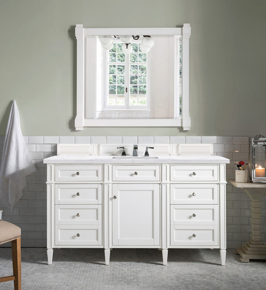 Brittany 60" Single Vanity, Bright White w/ Arctic Fall Solid Surface Top
