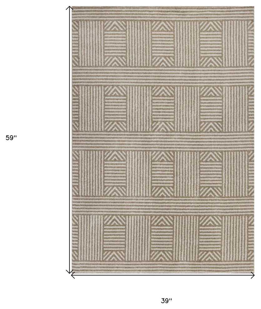 3' X 5' Beige and Ivory Geometric Indoor Outdoor Area Rug