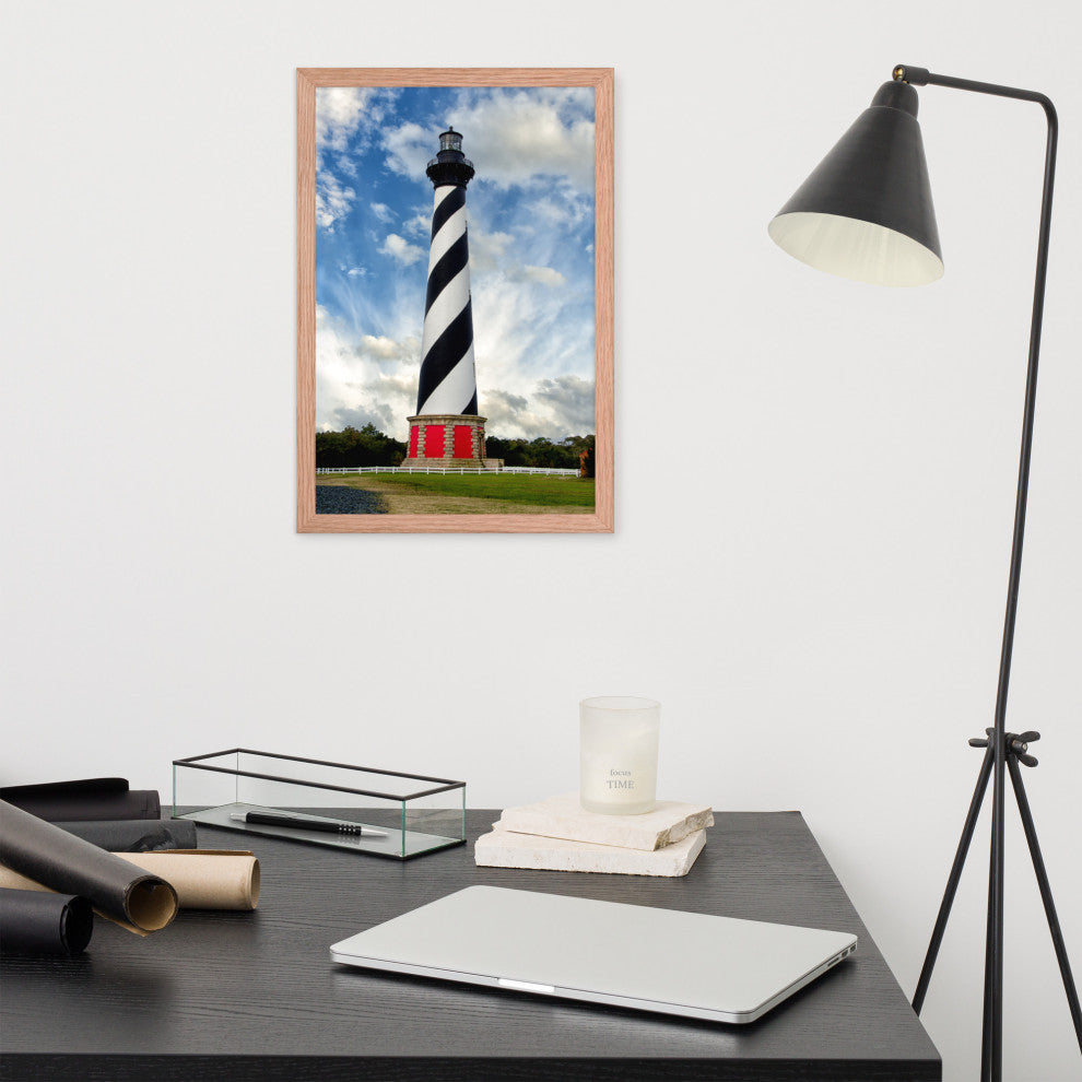 Cape Hatteras Lighthouse Coastal Landscape Framed Photo Paper Wall Art Prints, Red Oak, 12" X 18"