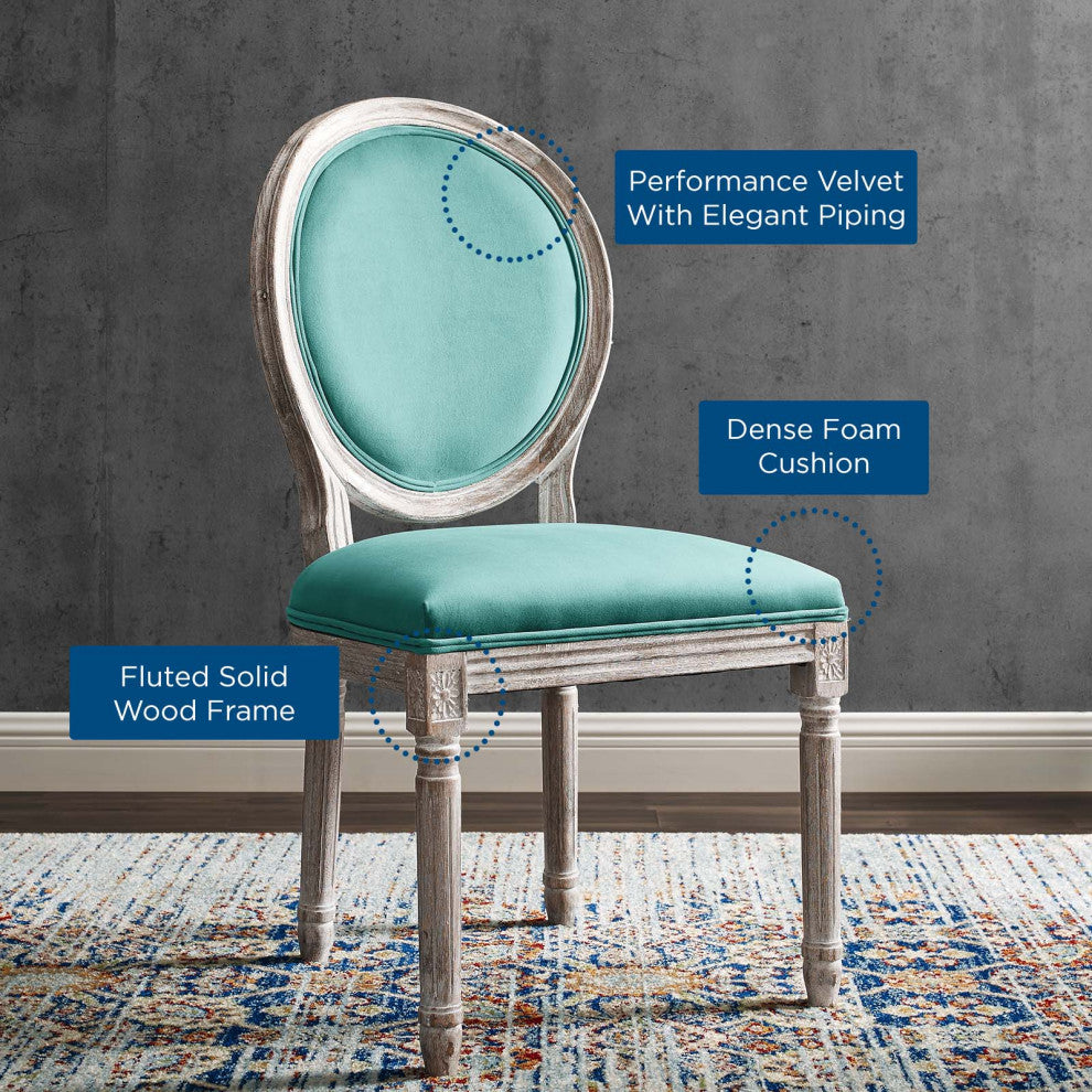 French Vintage Side Dining Chair, Velvet, Wood, Brown Natural Blue, Modern