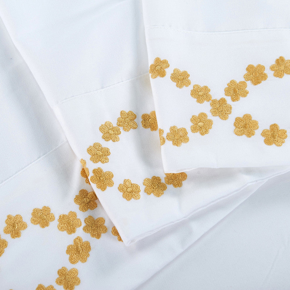 Serenta Puka Lei Embroidered 4 Piece Bed Sheet Set, White, King