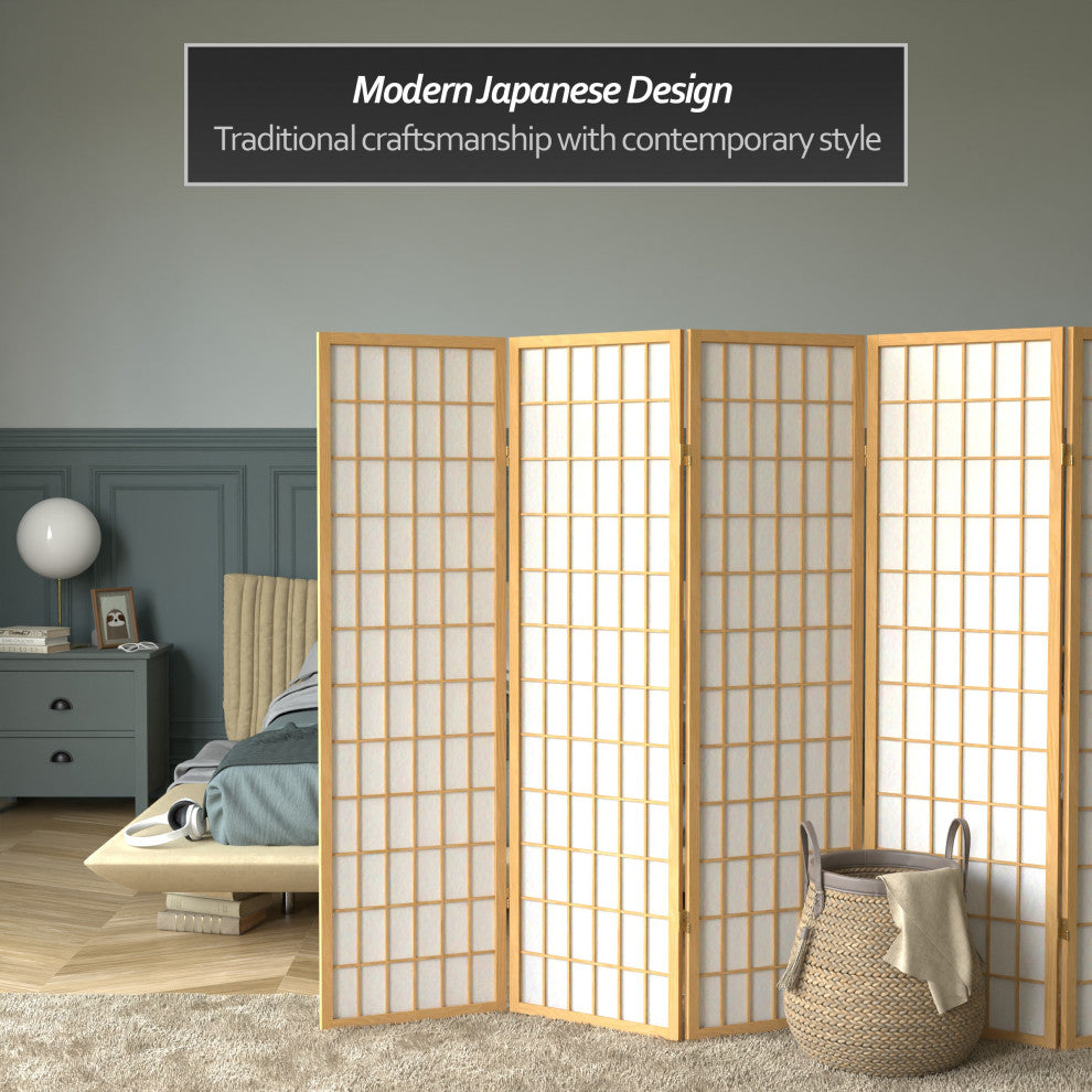 5' Tall Window Pane Shoji Screen, Natural, 5 Panels