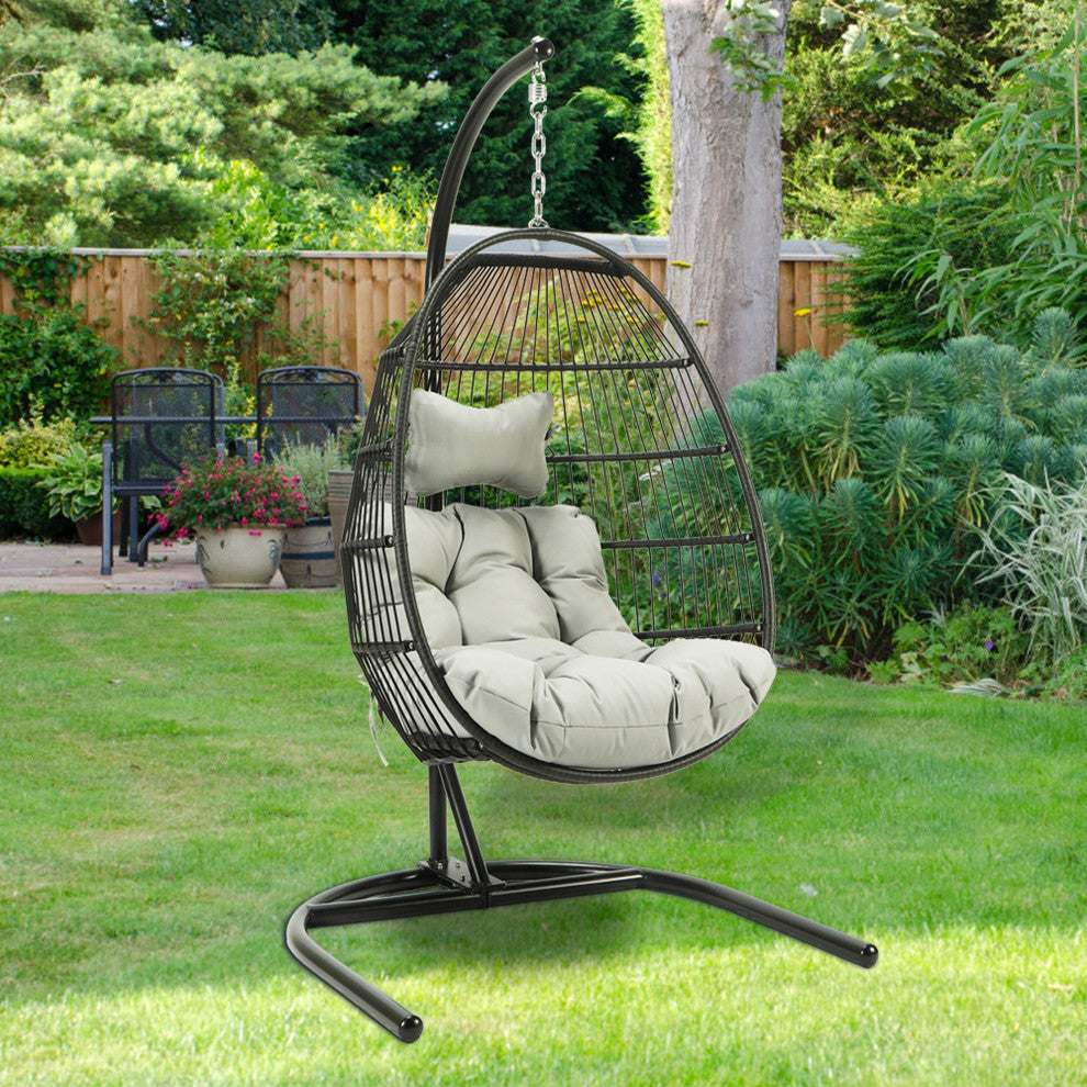 Outdoor Patio Swing Chair Egg Hanging With Cushion and Pillow, Black Beige
