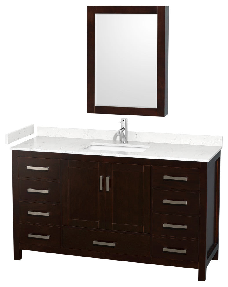 60"SGL Vanity Espresso, Carrara Cult. Marble Countertop, Sink, Med. Cabinet