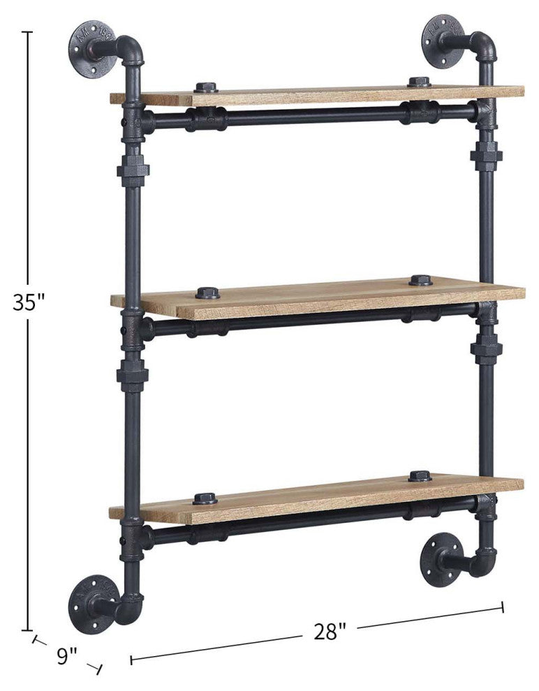 3 Tier Oak Wood Floating Shelf With Metal Tube, Sandy Black