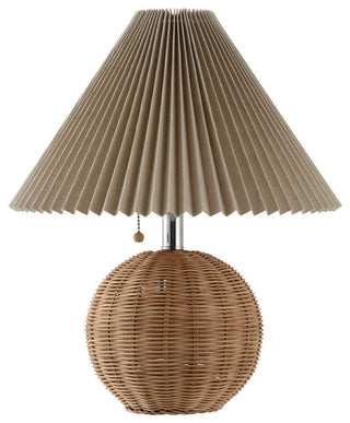 Scandinavian Rattan/Iron Sphere LED Table Lamp With Pleated Shade and Pull Chain