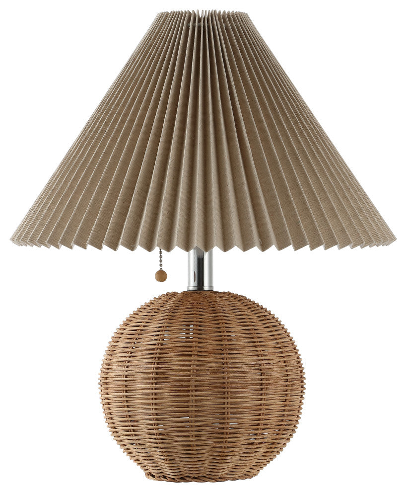 Scandinavian Rattan/Iron Sphere LED Table Lamp With Pleated Shade and Pull Chain