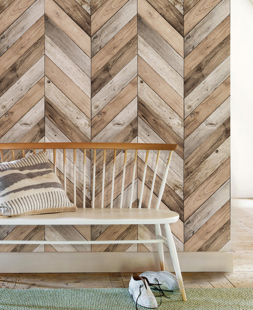 Chevron Wood Herringbone Peel and Stick Vinyl Wallpaper, Original, 24"w X 60"h