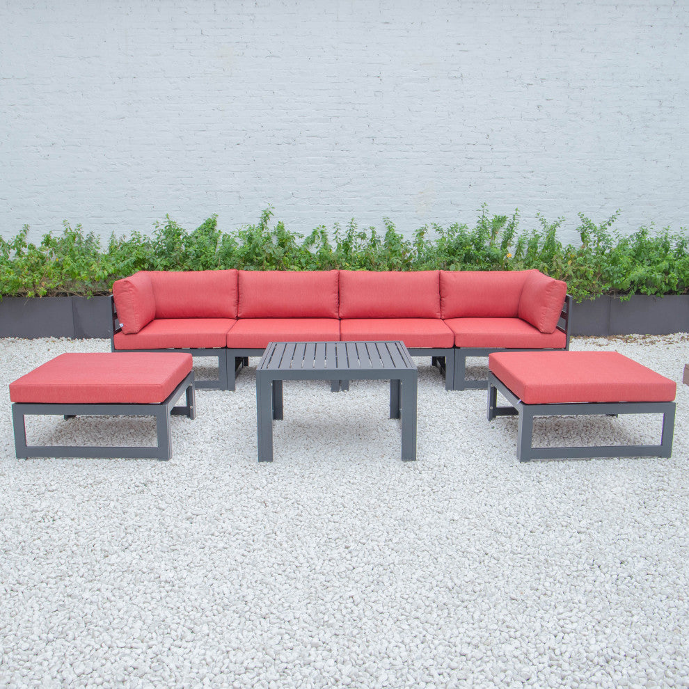 LeisureMod Chelsea 7-Piece Patio Ottoman Sectional With Coffee Table, Red