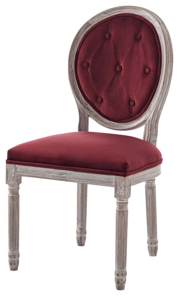 French Vintage Side Dining Chair, Velvet, Wood, Brown Natural Red, Modern