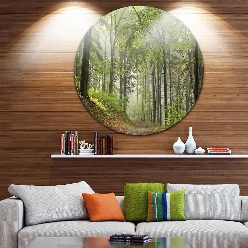 Green Beach Forest Pathway, Landscape Photo Round Metal Wall Art, 23"