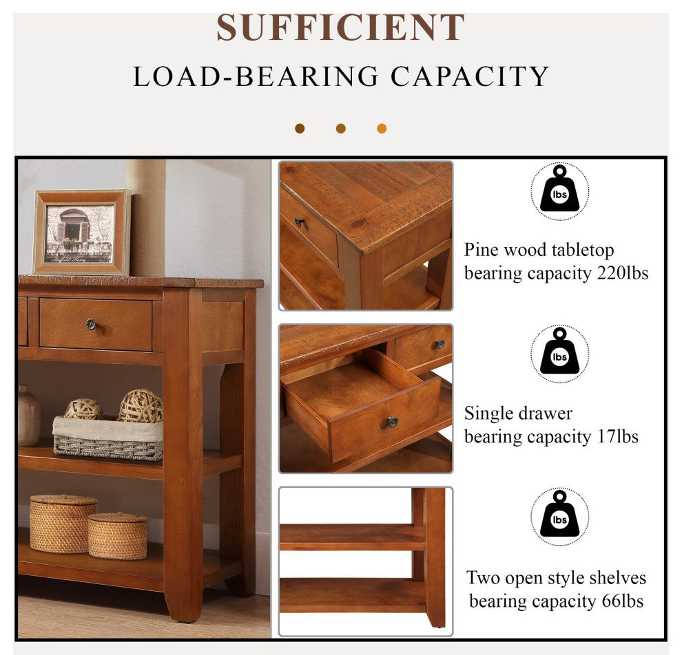 TATEUS 48" Solid Pine Wood Console Table with Storage Drawers, Brown