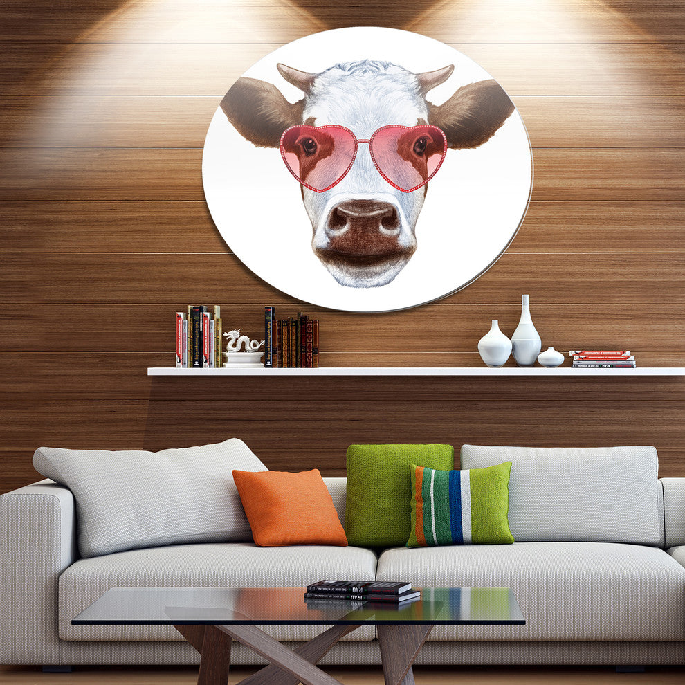 Cow With Red Heart Glasses, Modern Animal Round Wall Art, 36"
