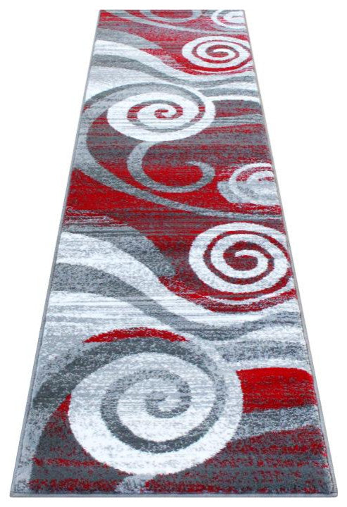 Cirrus Collection Swirl Patterned Olefin Area Rug with Jute Backing, Red, 2' X 7'