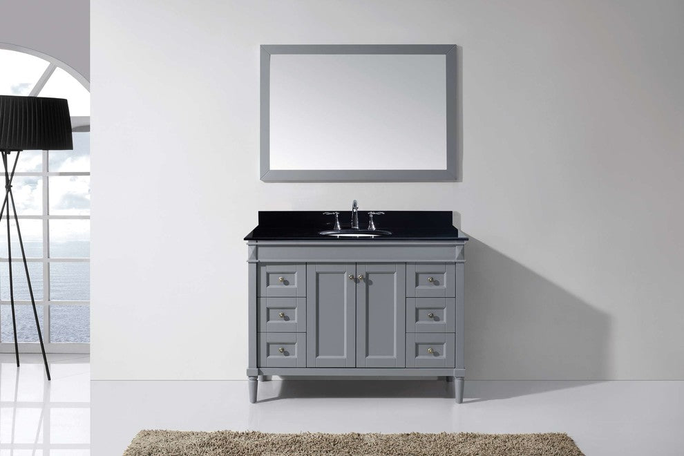 Virtu Tiffany 48" Single Bathroom Vanity, Gray, Black Granite Top, Mirror
