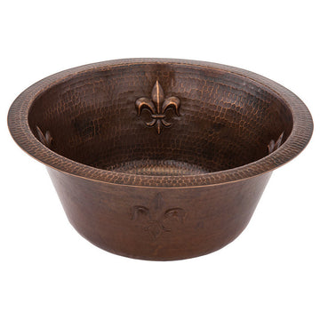 16" Round Copper Bar Sink With Fleur De Lis and 2" Drain Opening
