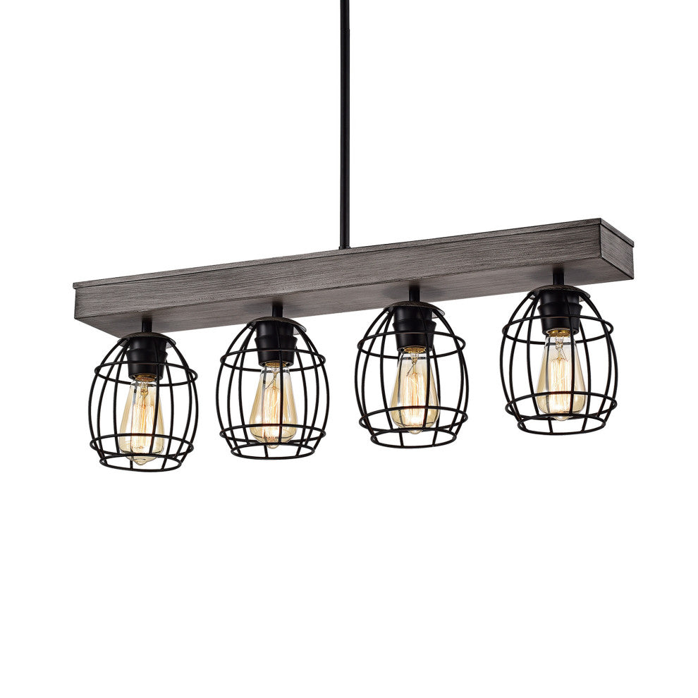 4-Light Wood and Black Cage Linear Pendant