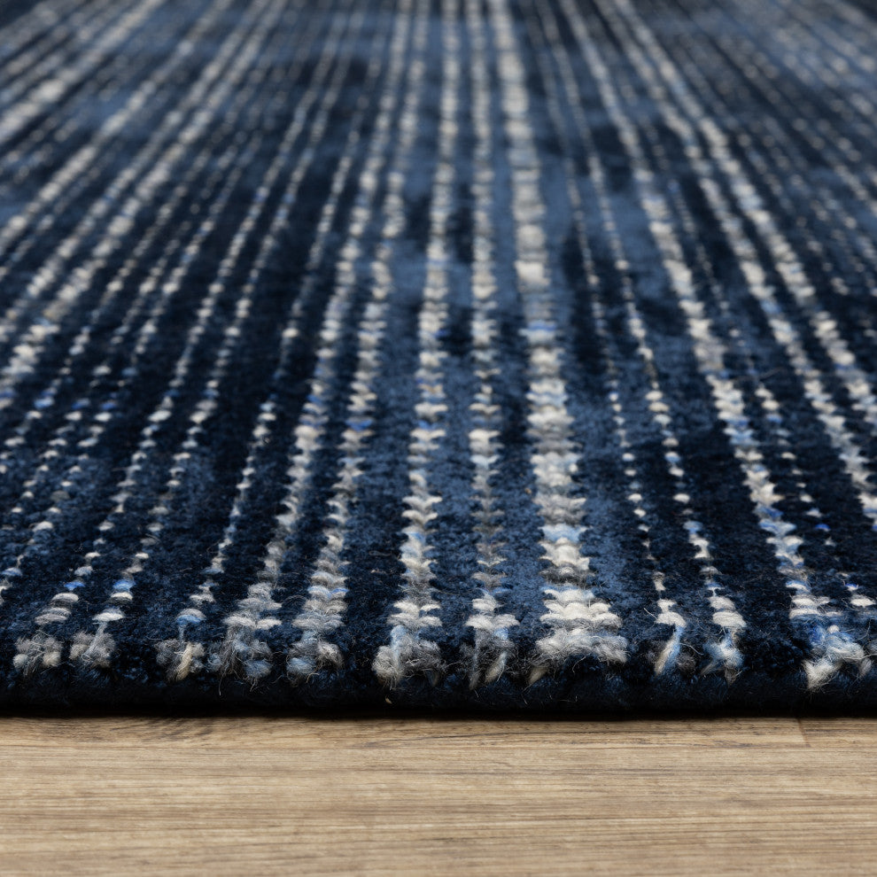 Cayden Textural Stripe Wool Blend Navy/ Blue Hand-tufted Rug 8' x 10'