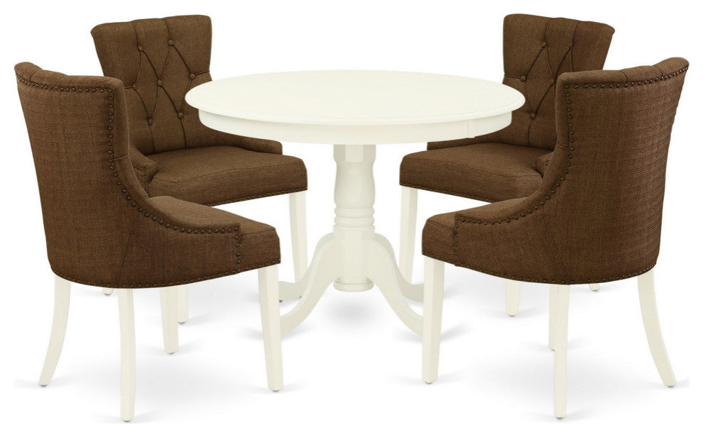 5Pc Dining Set, Round Table, Four Chairs, Dark Coffee Fabric, Linen White