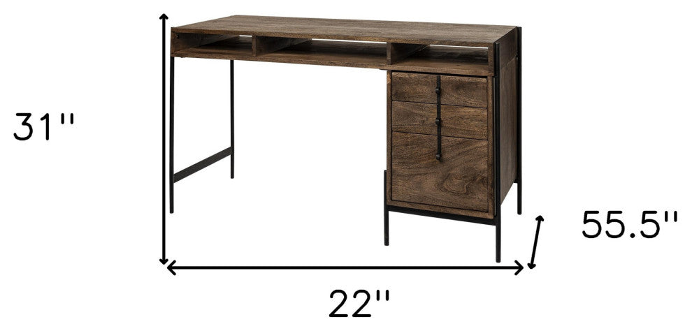 Medium Brown Wooden Writing Desk With 3 Drawers And 3 Open Shelves
