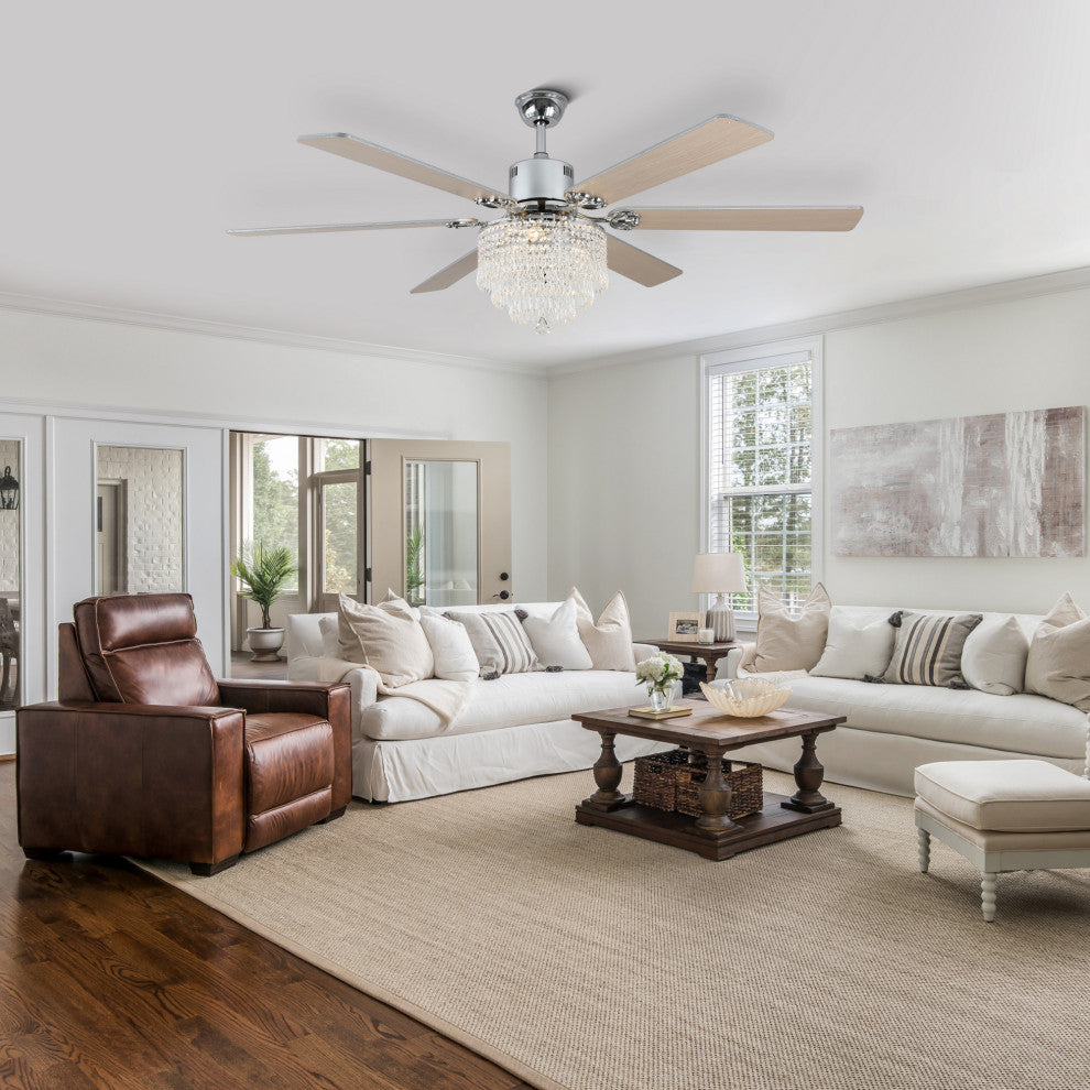 CurveCurio 65" Lagre Ceiling Fan w Crystal Light Shade and Wood Blades, Chrome