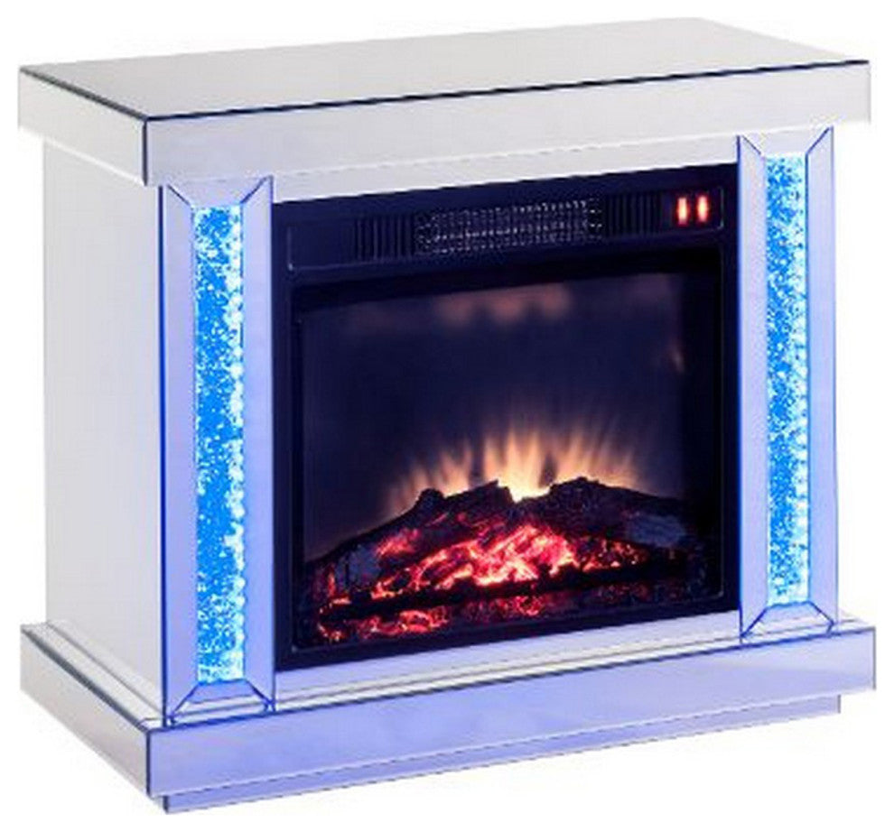 Benzara BM251370 Electric Fireplace With Mirror Panel & Faux Diamonds, Silver