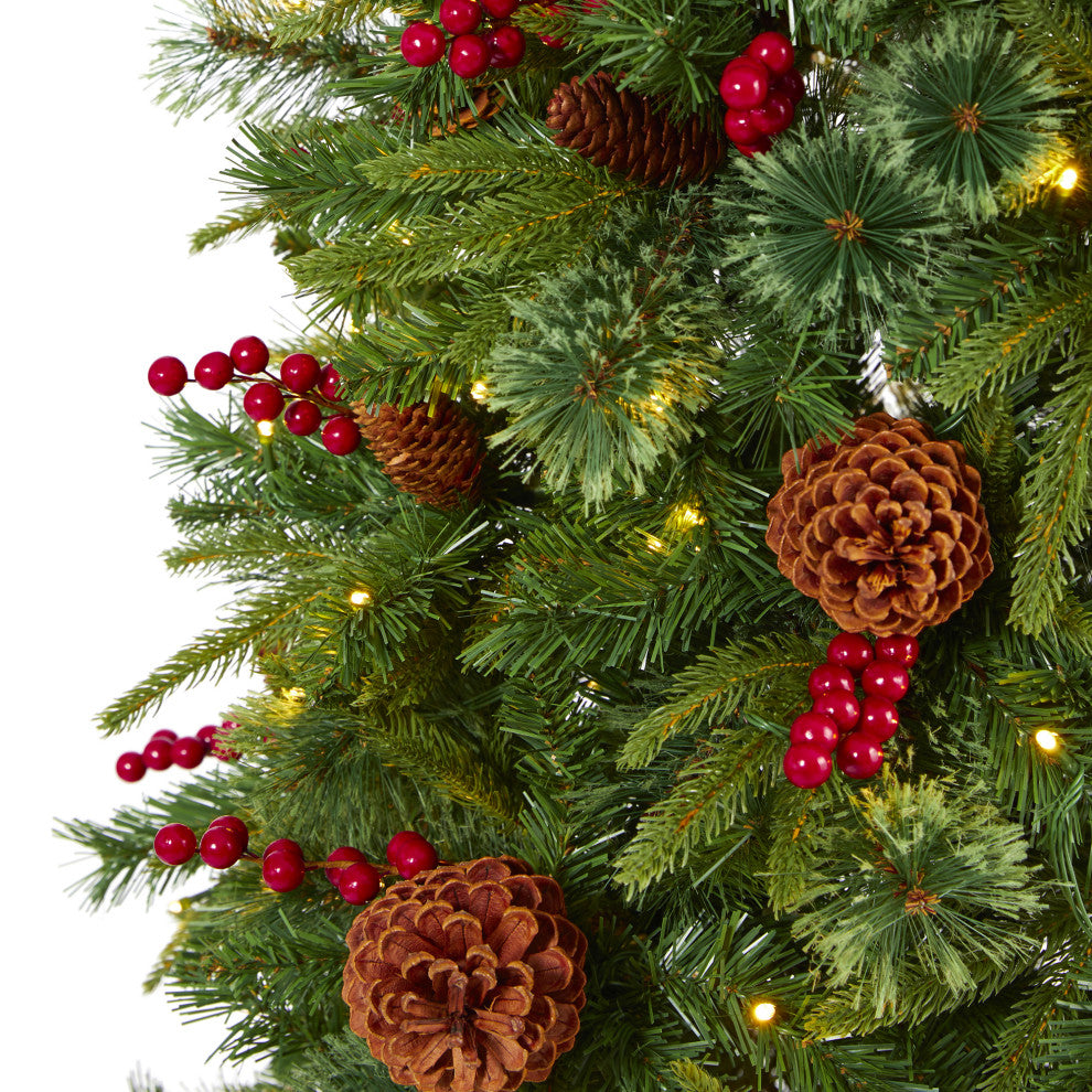 6.5' Norway Mixed Pine Faux Xmas Tree With 350 Clear Lights, Pinecones & Berries