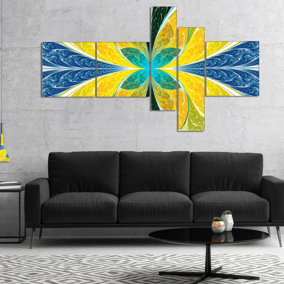 Yellow Fractal Stained Glass, Abstract Wall Art Canvas, 60"x32", 5 panels