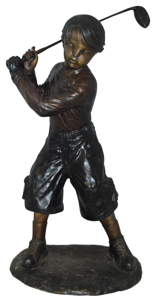 Young Boy Plays Golf Bronze Statue -  Size: 19"L x 21"W x 45"H.