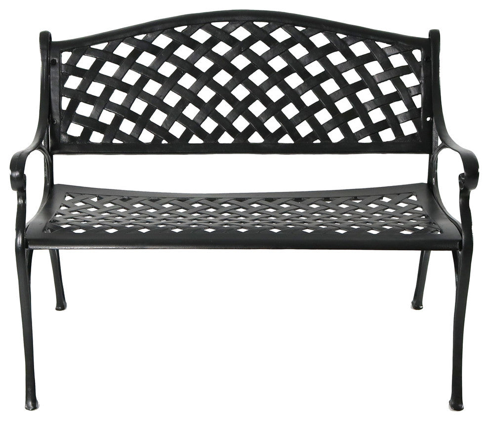 Sunnydaze 2-Person Black Checkered Cast Aluminum Outdoor Patio Garden Bench
