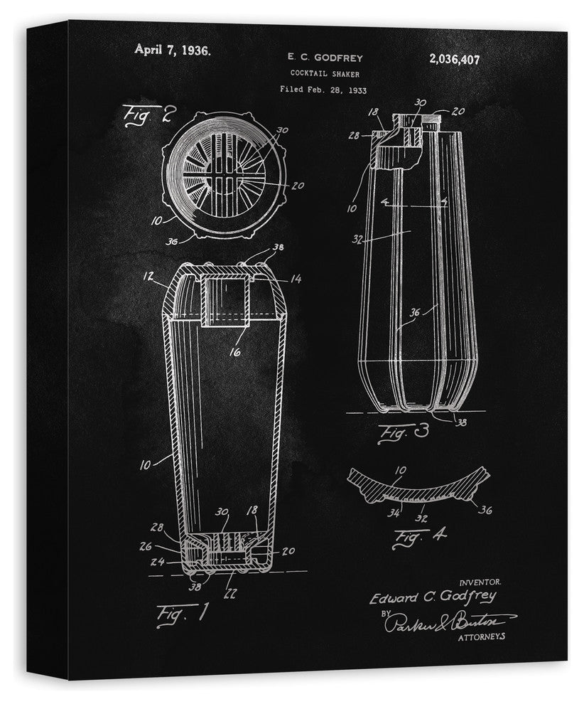 Cocktail Shaker Patent 16x20 Canvas Wall Art