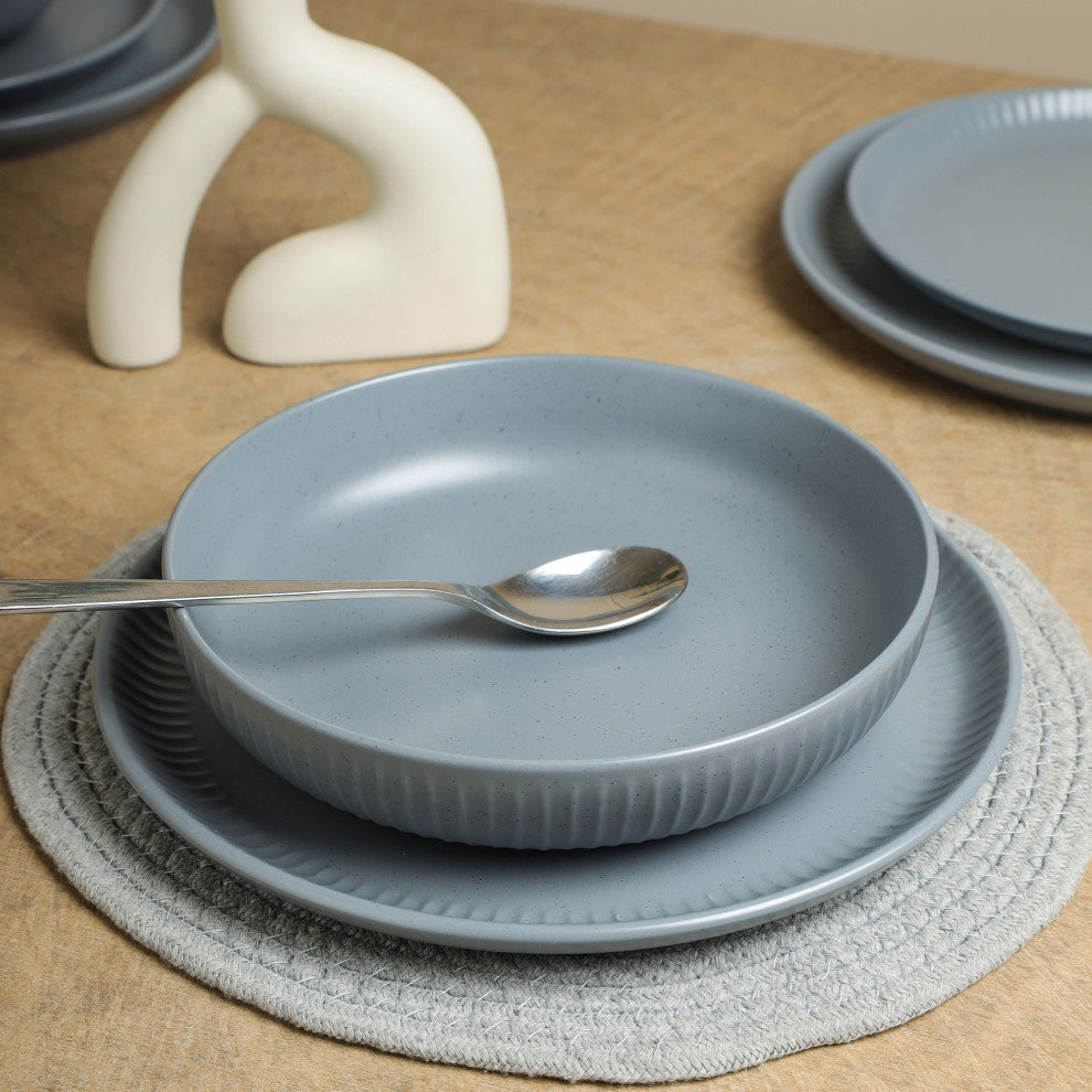 Stone Lain Logan Stoneware 16 Piece Dinnerware Set With Pasta Bowls, Grey