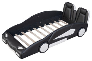 Gewnee Twin Size Race Car-Shaped Platform Bed with Wheels in White, Black