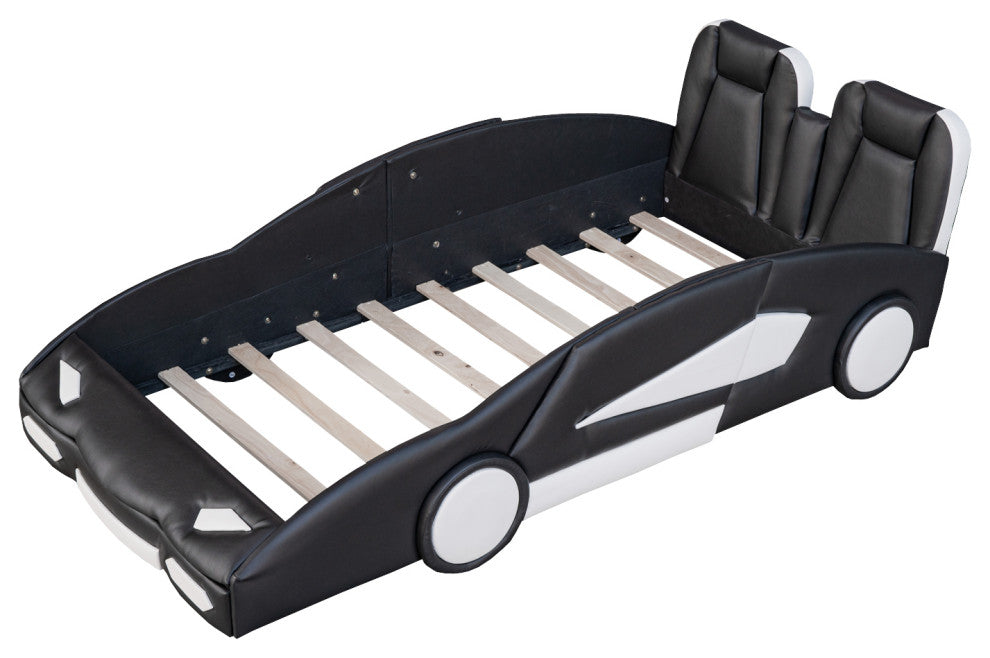 Gewnee Twin Size Race Car-Shaped Platform Bed with Wheels in White, Black