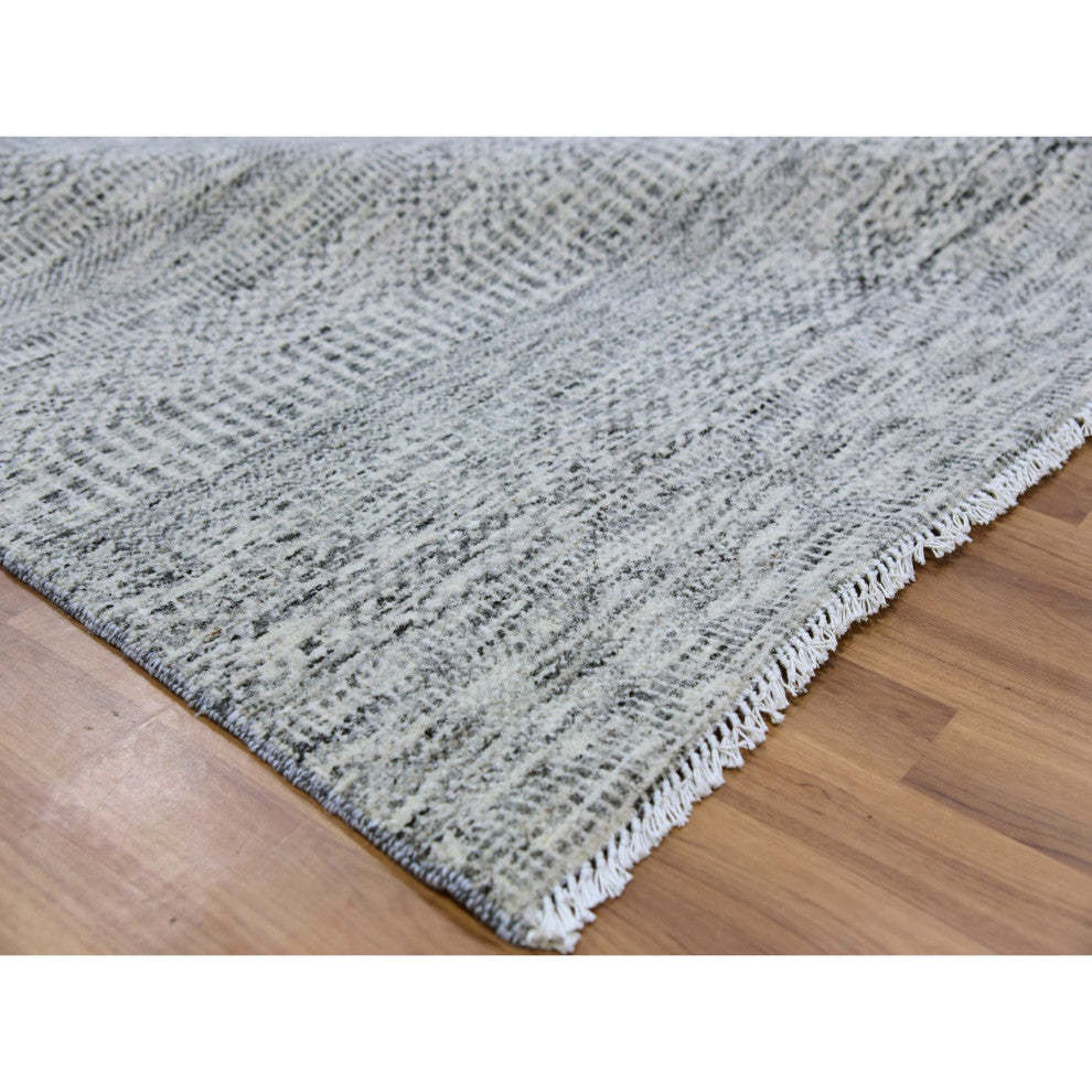 Silver Gray Undyed Wool Grass Design Hand Knotted Square Oriental Rug 8'x8'