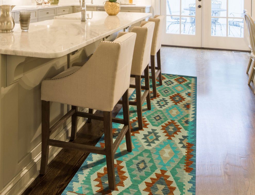 Sun Faded Kilim Mahabbat Blue/Rust Runner, 2'7x7'10