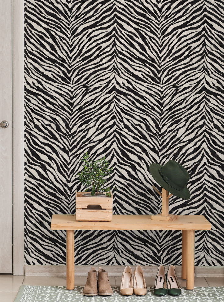 Zebra Print Peel and Stick Vinyl Wallpaper, Black, 24"w X 60"h