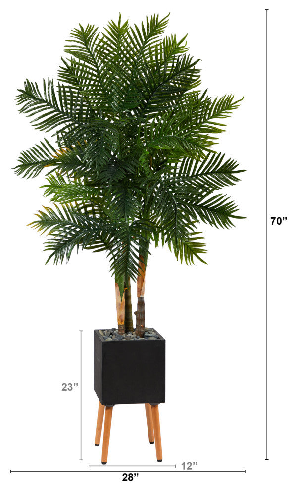70" Areca Palm Artificial Tree, Black Planter With Stand