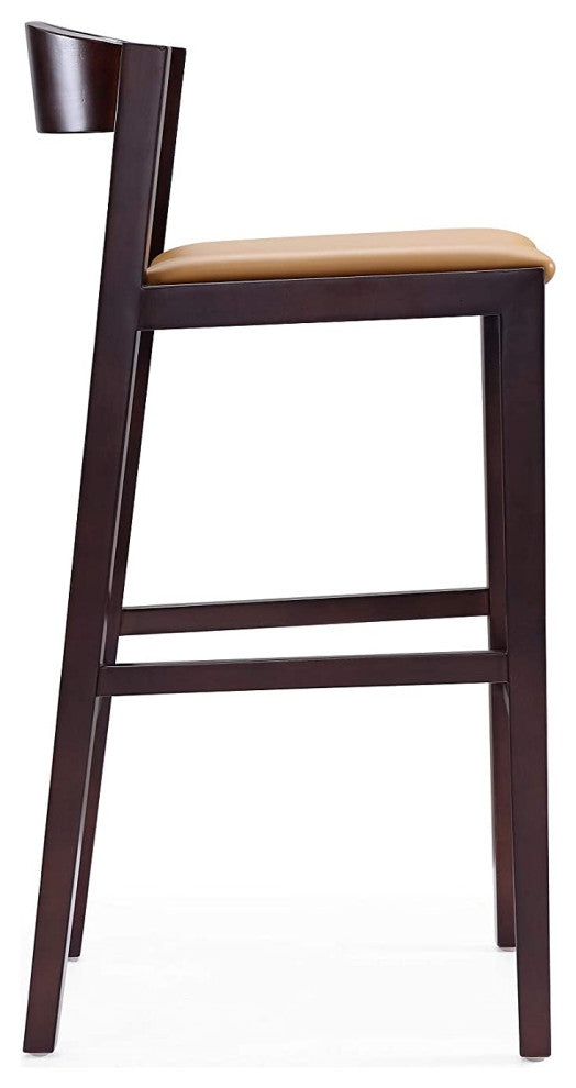 Mid Century Counter Stool, Faux Leather Seat and Low Curved Backrest, Camel