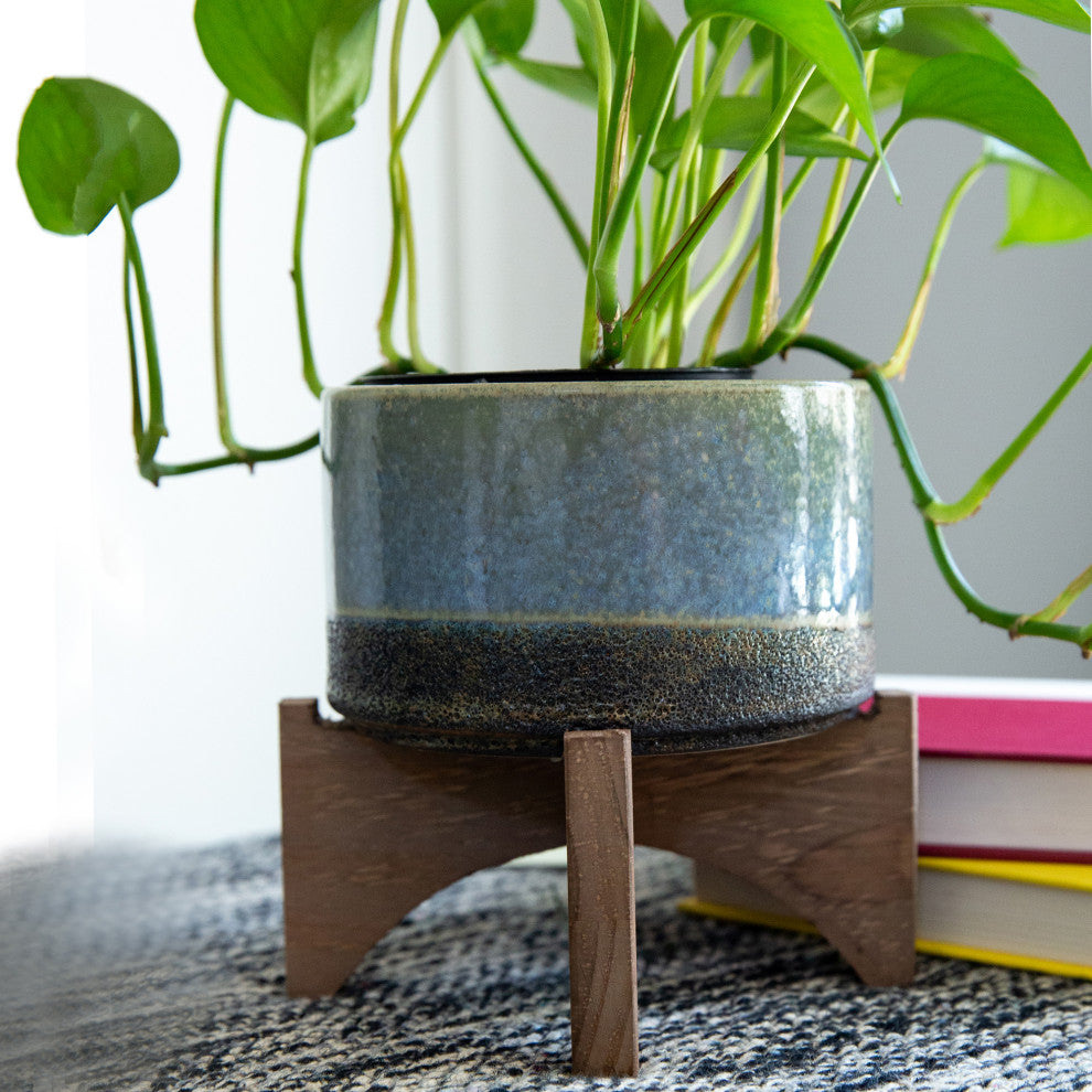 5.1" Opening Lava Ceramic On Wood Stand, Blue