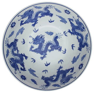 14" Dragon Blue and White Porcelain Bowl