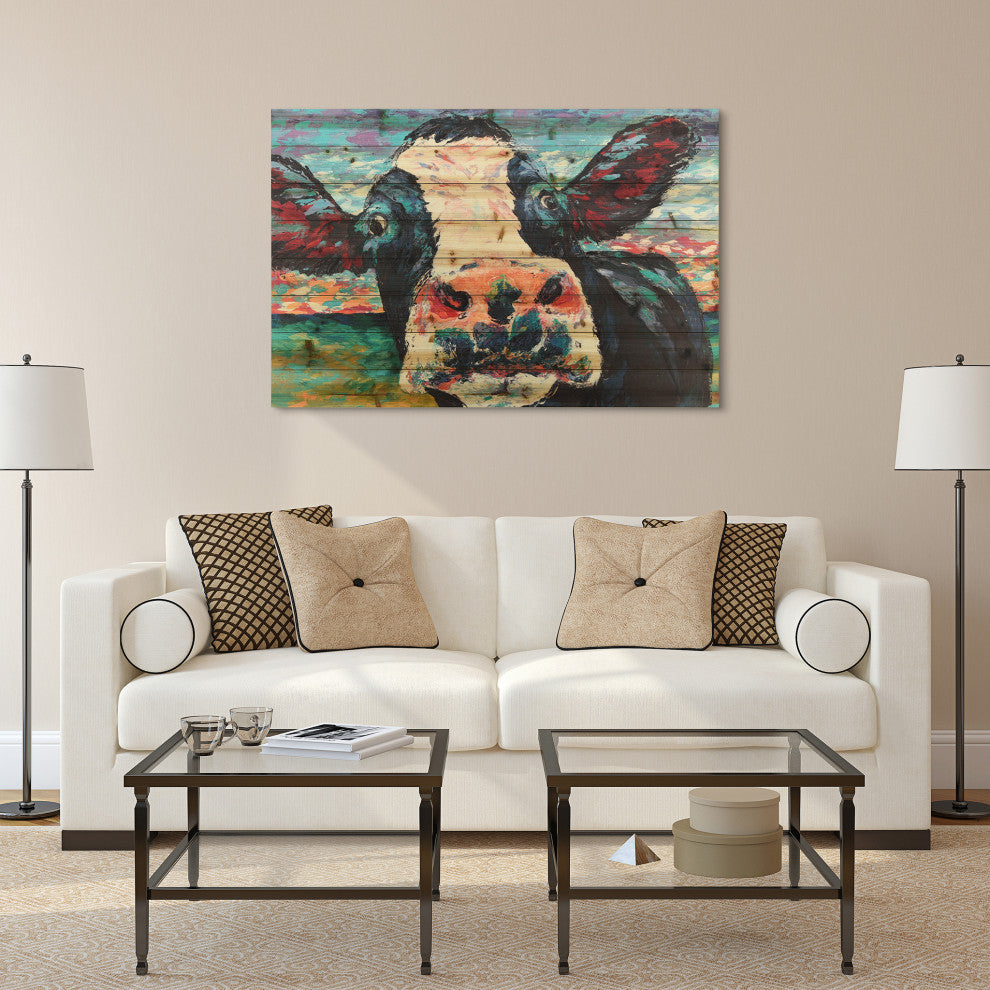"Curious Cow" Wall Art Digital Print on Solid Wood, 45"x1.5"x30"
