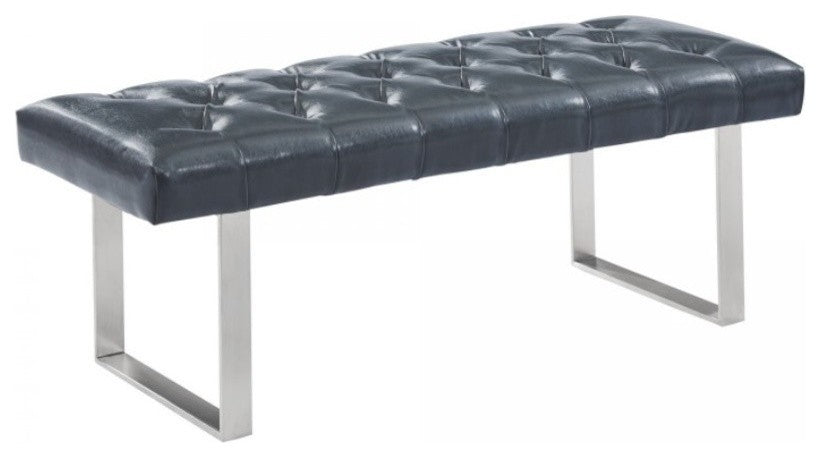 Plaza Contemporary Bench in Gray Faux Leather and Brushed Stainless Steel Finish