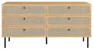Modway Chaucer 6-Drawer Particleboard and Rattan Dresser in Oak